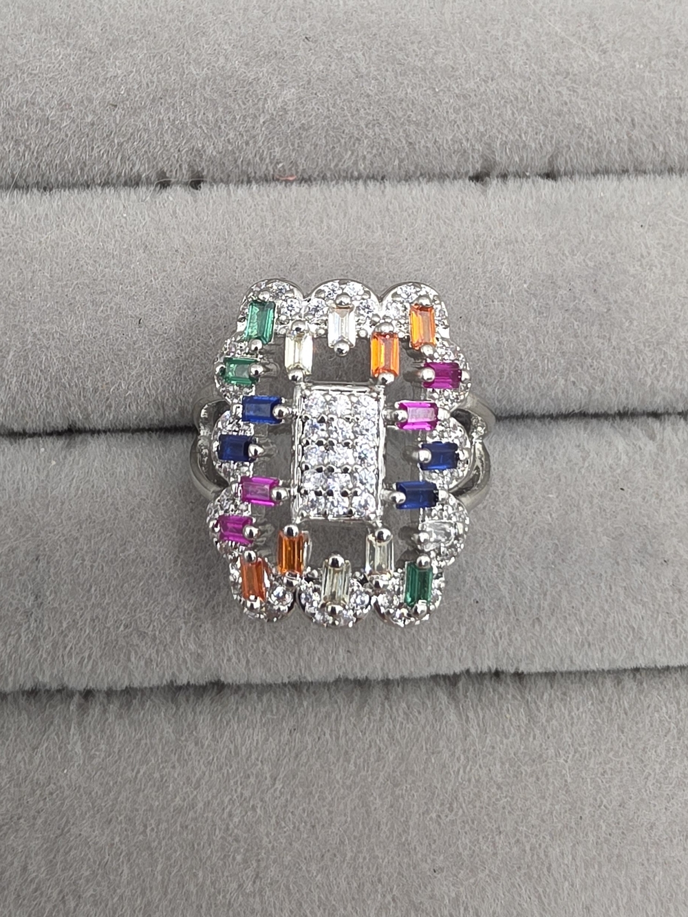 Multicolor Baguette & Round Halo Cocktail Ring Adjustable - Silver Tone